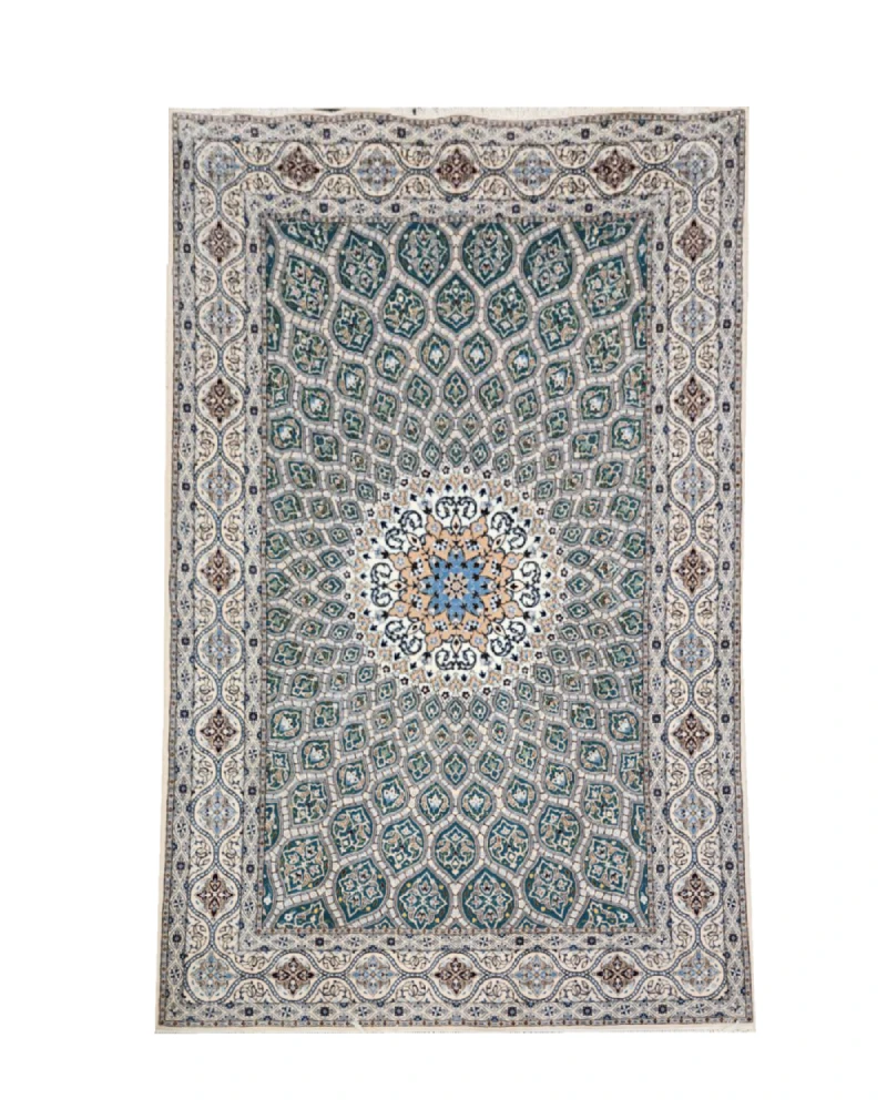Handmade green Persian silk and wool area rug